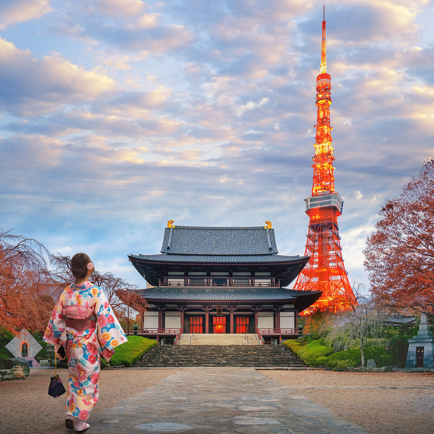 Japanese women in kimono dress walking near Zojoji Temple in Tokyo city with Tokyo tower in the background, Japan.